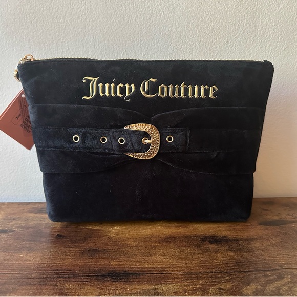 Juicy Couture Cosmetic Bag Travel Pouch Soft Black with Gold Heart Charm NWT - Picture 1 of 7